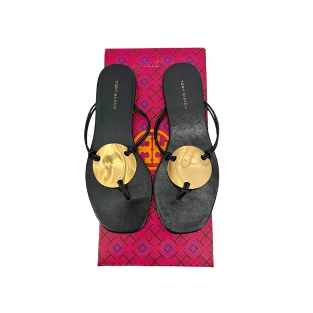 NEW TORY BURCH Patos Leather Disc Flat Thong Sandals In Black - Women's‎ Size 6